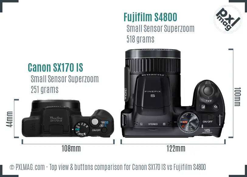 Canon SX170 IS vs Fujifilm S4800 top view buttons comparison Canon SX170 IS vs Fujifilm S4800 top view buttons comparison