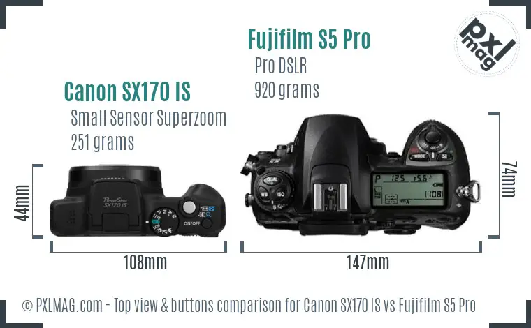 Canon SX170 IS vs Fujifilm S5 Pro top view buttons comparison
