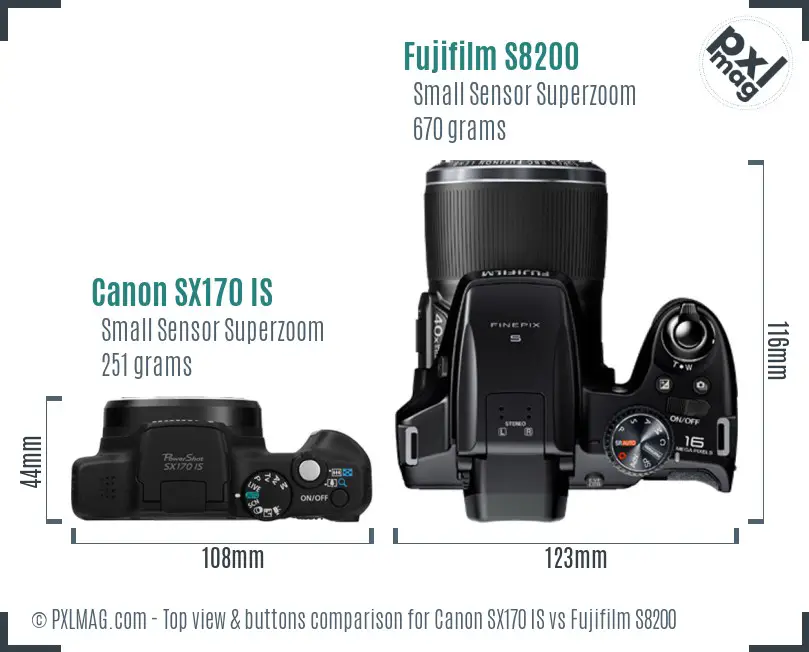 Canon SX170 IS vs Fujifilm S8200 top view buttons comparison