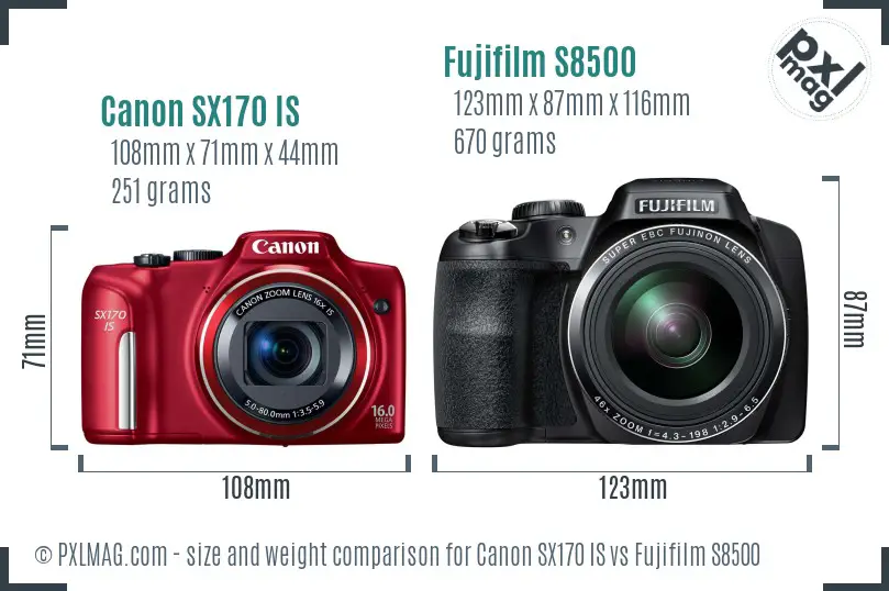 Canon SX170 IS vs Fujifilm S8500 size comparison