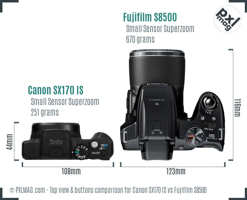 Canon SX170 IS vs Fujifilm S8500 top view buttons comparison