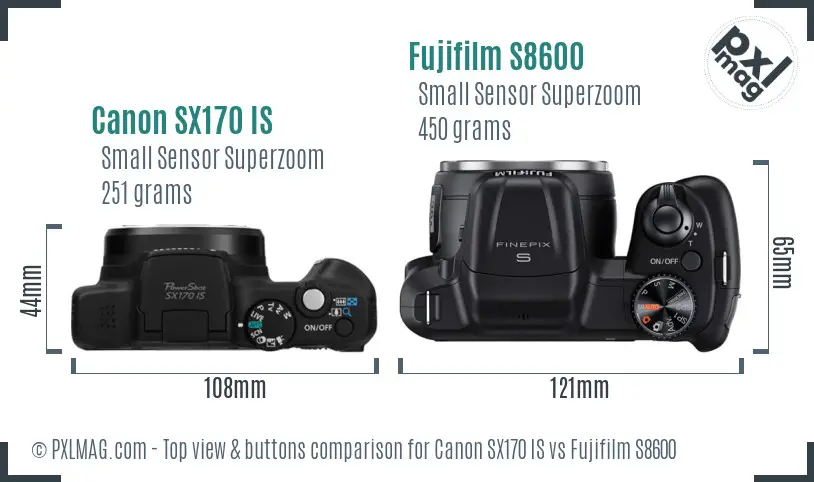 Canon SX170 IS vs Fujifilm S8600 top view buttons comparison