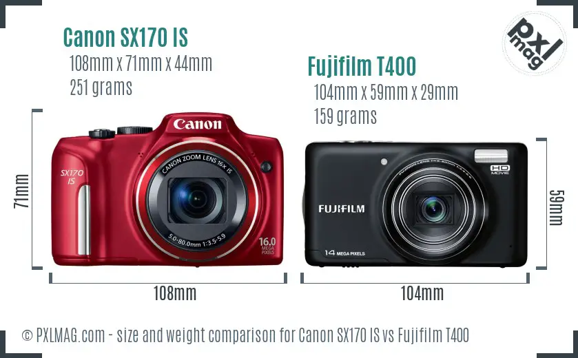 Canon SX170 IS vs Fujifilm T400 size comparison