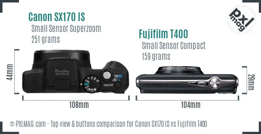 Canon SX170 IS vs Fujifilm T400 top view buttons comparison