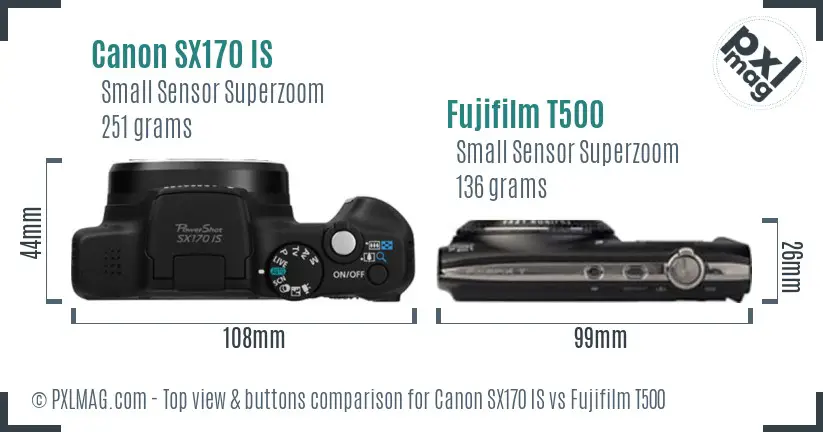 Canon SX170 IS vs Fujifilm T500 top view buttons comparison