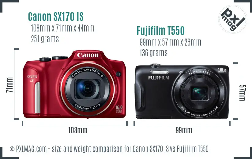 Canon SX170 IS vs Fujifilm T550 size comparison