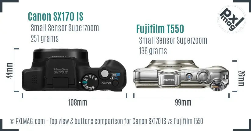 Canon SX170 IS vs Fujifilm T550 top view buttons comparison