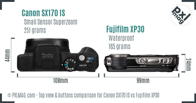 Canon SX170 IS vs Fujifilm XP30 top view buttons comparison