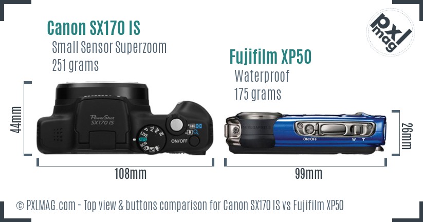 Canon SX170 IS vs Fujifilm XP50 top view buttons comparison