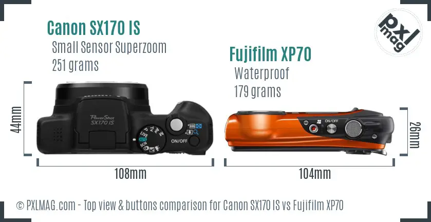 Canon SX170 IS vs Fujifilm XP70 top view buttons comparison