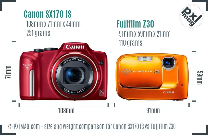 Canon SX170 IS vs Fujifilm Z30 size comparison