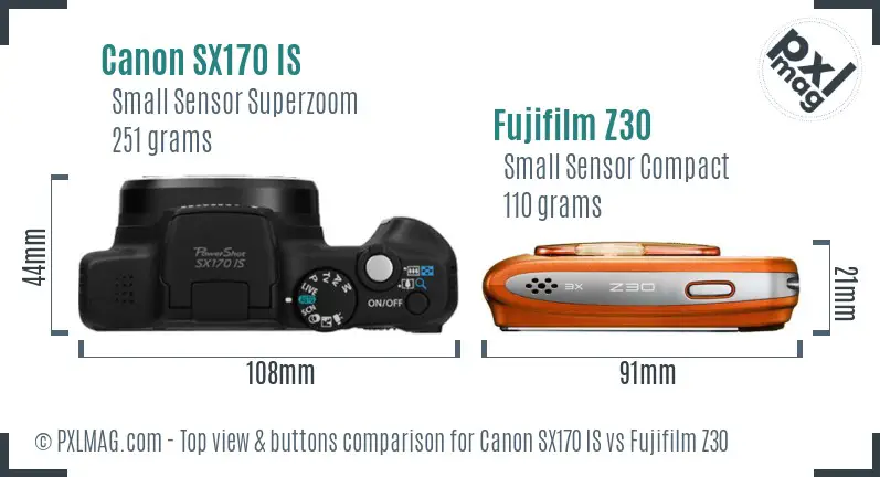Canon SX170 IS vs Fujifilm Z30 top view buttons comparison