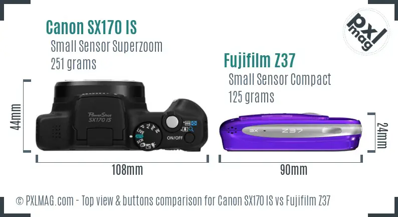 Canon SX170 IS vs Fujifilm Z37 top view buttons comparison