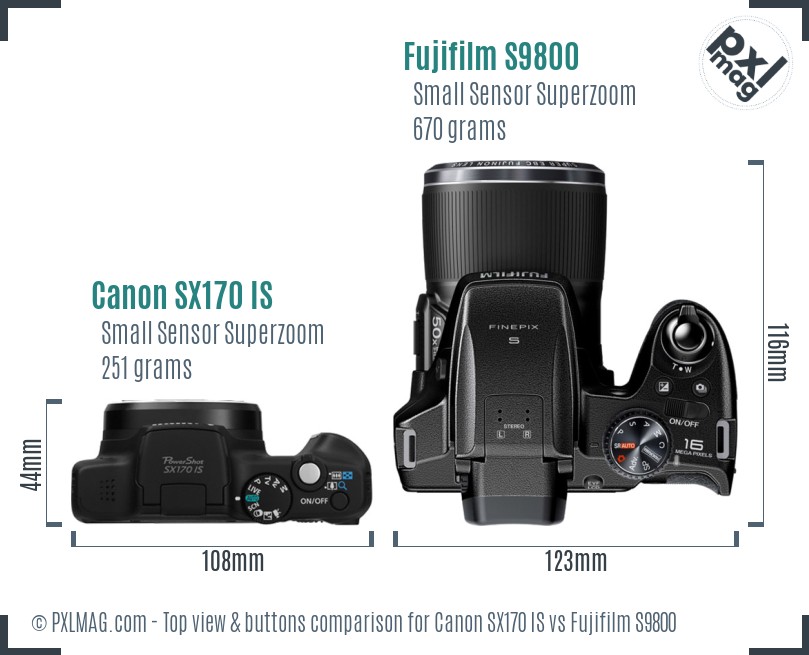 Canon SX170 IS vs Fujifilm S9800 top view buttons comparison