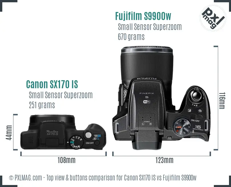 Canon SX170 IS vs Fujifilm S9900w top view buttons comparison