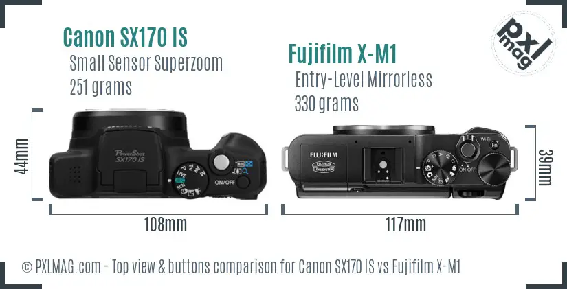 Canon SX170 IS vs Fujifilm X-M1 top view buttons comparison