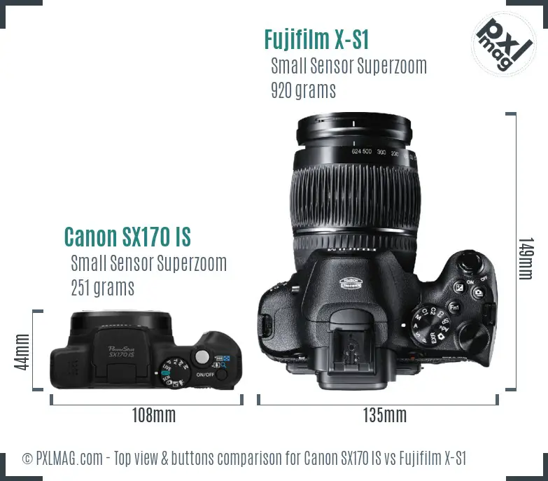 Canon SX170 IS vs Fujifilm X-S1 top view buttons comparison