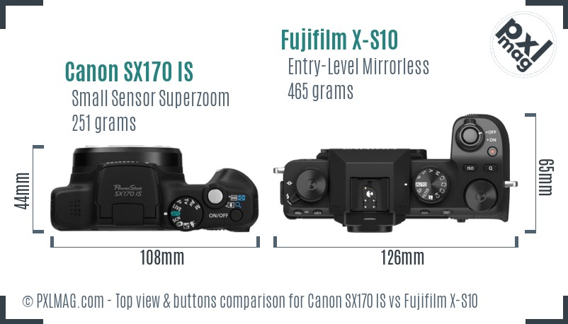 Canon SX170 IS vs Fujifilm X-S10 top view buttons comparison