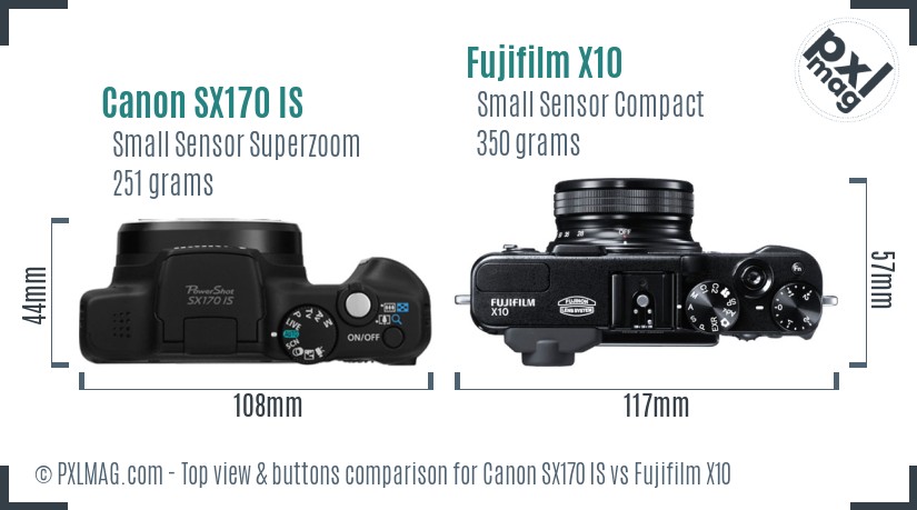 Canon SX170 IS vs Fujifilm X10 top view buttons comparison