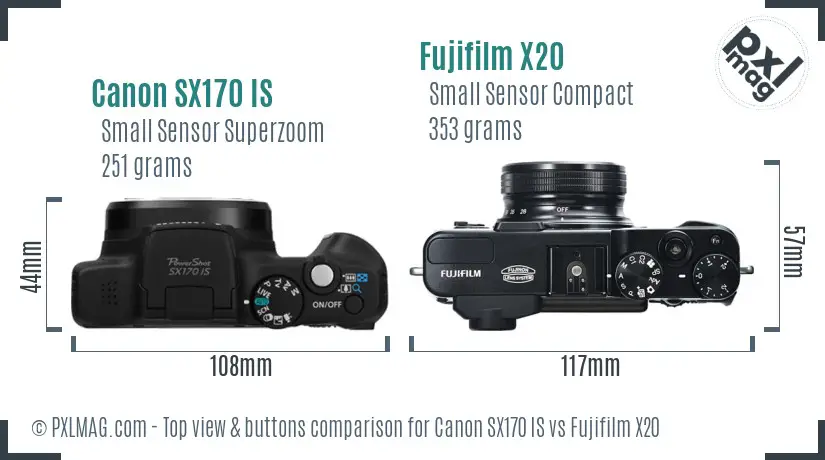 Canon SX170 IS vs Fujifilm X20 top view buttons comparison