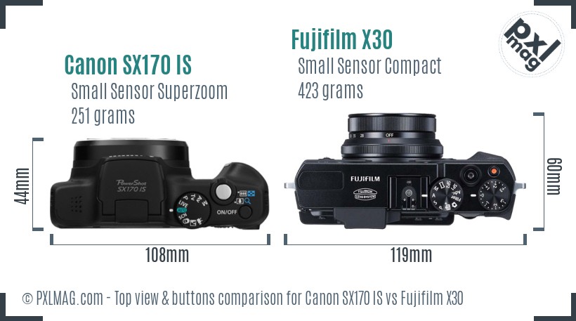 Canon SX170 IS vs Fujifilm X30 top view buttons comparison