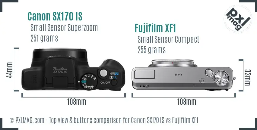 Canon SX170 IS vs Fujifilm XF1 top view buttons comparison Canon SX170 IS vs Fujifilm XF1 top view buttons comparison