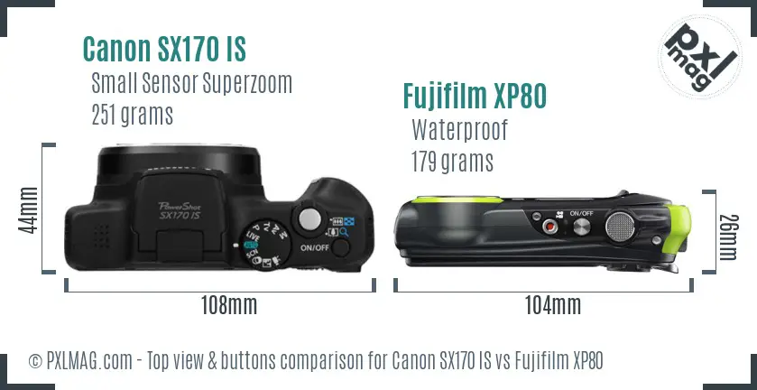 Canon SX170 IS vs Fujifilm XP80 top view buttons comparison