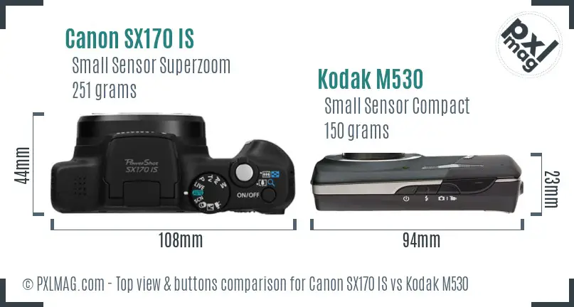 Canon SX170 IS vs Kodak M530 top view buttons comparison Canon SX170 IS vs Kodak M530 top view buttons comparison