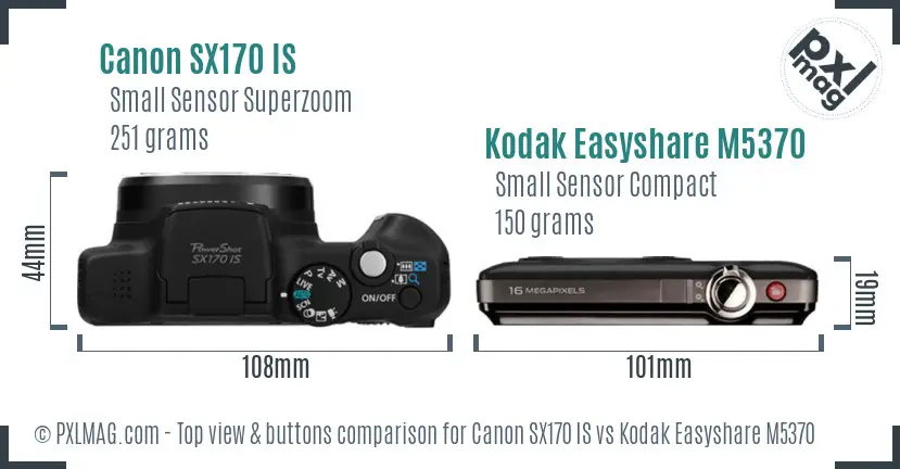 Canon SX170 IS vs Kodak Easyshare M5370 top view buttons comparison Canon SX170 IS vs Kodak Easyshare M5370 top view buttons comparison