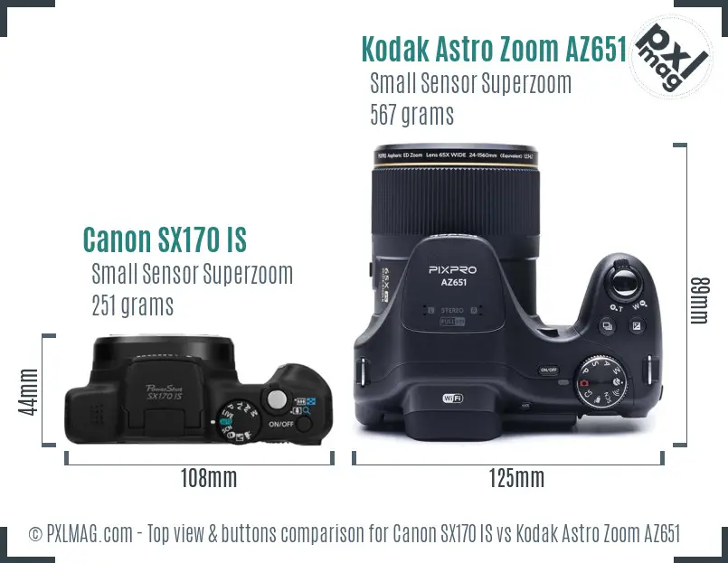 Canon SX170 IS vs Kodak Astro Zoom AZ651 top view buttons comparison