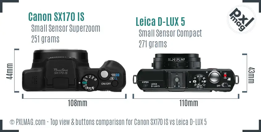 Canon SX170 IS vs Leica D-LUX 5 top view buttons comparison