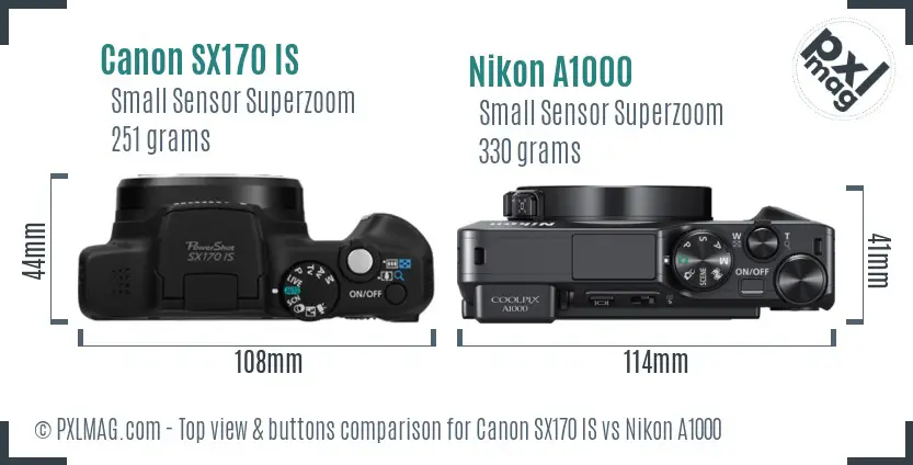 Canon SX170 IS vs Nikon A1000 top view buttons comparison