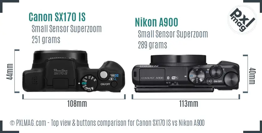 Canon SX170 IS vs Nikon A900 top view buttons comparison