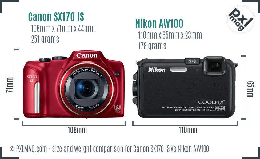 Canon SX170 IS vs Nikon AW100 size comparison