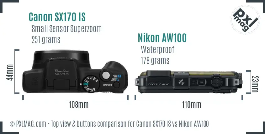Canon SX170 IS vs Nikon AW100 top view buttons comparison