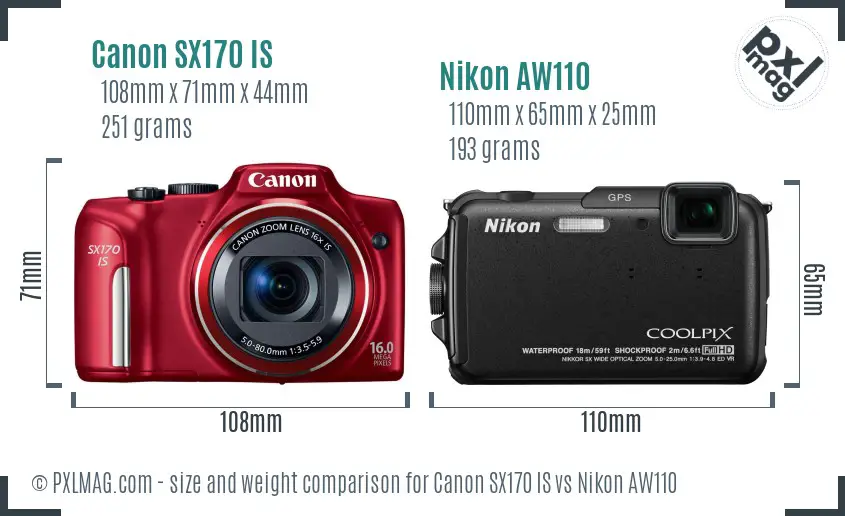 Canon SX170 IS vs Nikon AW110 size comparison