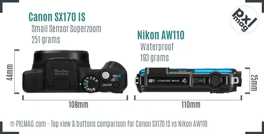 Canon SX170 IS vs Nikon AW110 top view buttons comparison