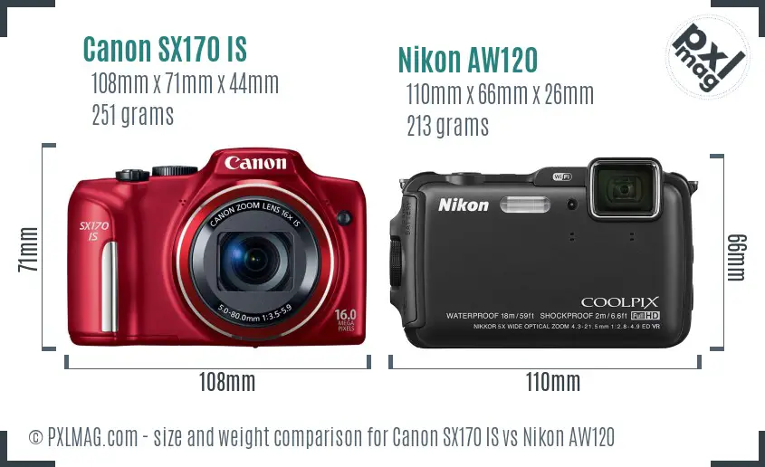 Canon SX170 IS vs Nikon AW120 size comparison