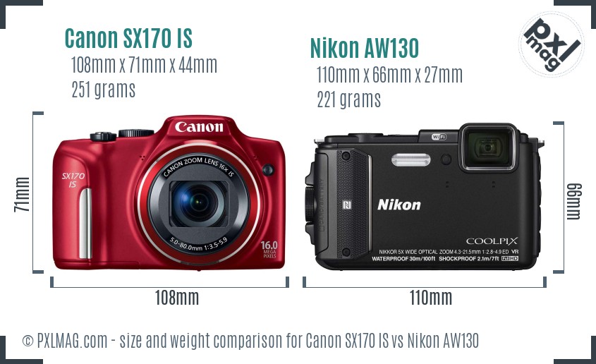Canon SX170 IS vs Nikon AW130 size comparison