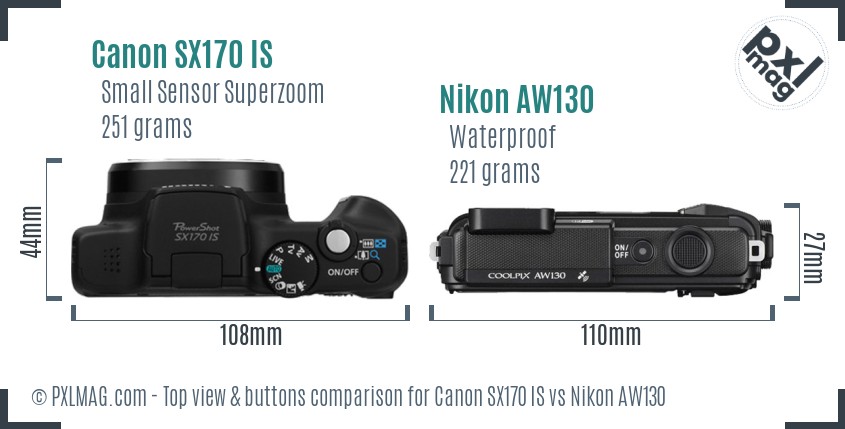 Canon SX170 IS vs Nikon AW130 top view buttons comparison