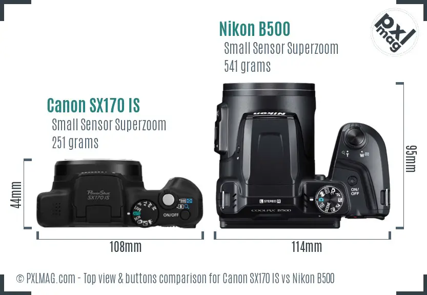 Canon SX170 IS vs Nikon B500 top view buttons comparison