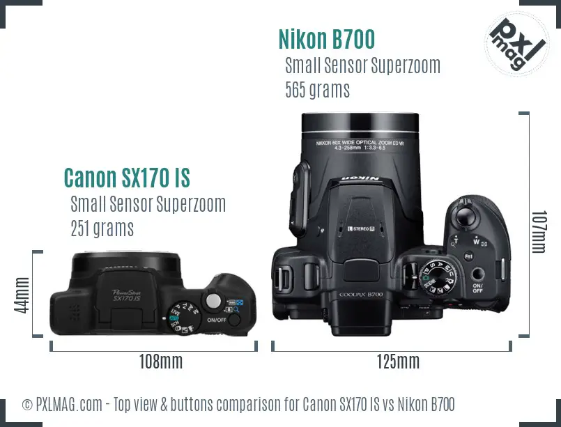 Canon SX170 IS vs Nikon B700 top view buttons comparison