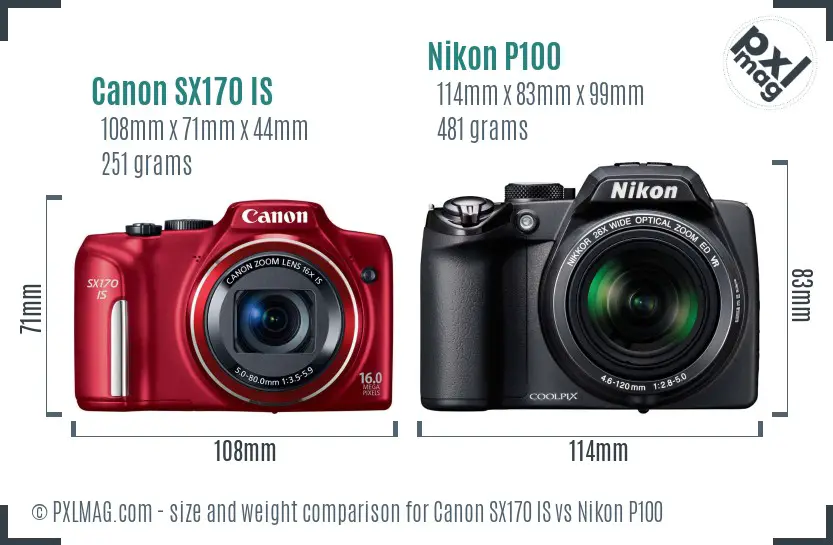 Canon SX170 IS vs Nikon P100 size comparison