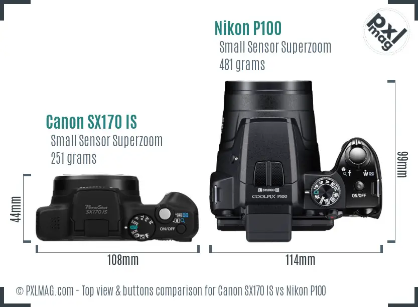 Canon SX170 IS vs Nikon P100 top view buttons comparison