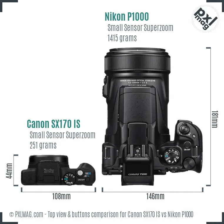 Canon SX170 IS vs Nikon P1000 top view buttons comparison Canon SX170 IS vs Nikon P1000 top view buttons comparison