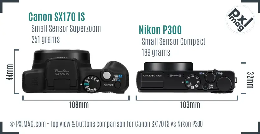 Canon SX170 IS vs Nikon P300 top view buttons comparison Canon SX170 IS vs Nikon P300 top view buttons comparison