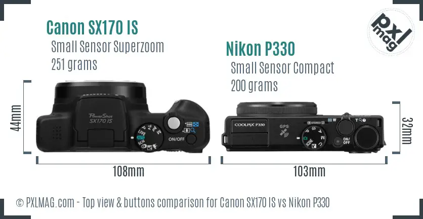 Canon SX170 IS vs Nikon P330 top view buttons comparison