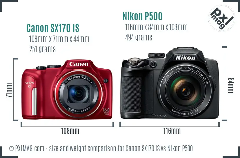 Canon SX170 IS vs Nikon P500 size comparison Canon SX170 IS vs Nikon P500 size comparison
