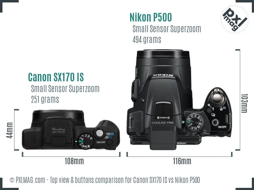 Canon SX170 IS vs Nikon P500 top view buttons comparison Canon SX170 IS vs Nikon P500 top view buttons comparison