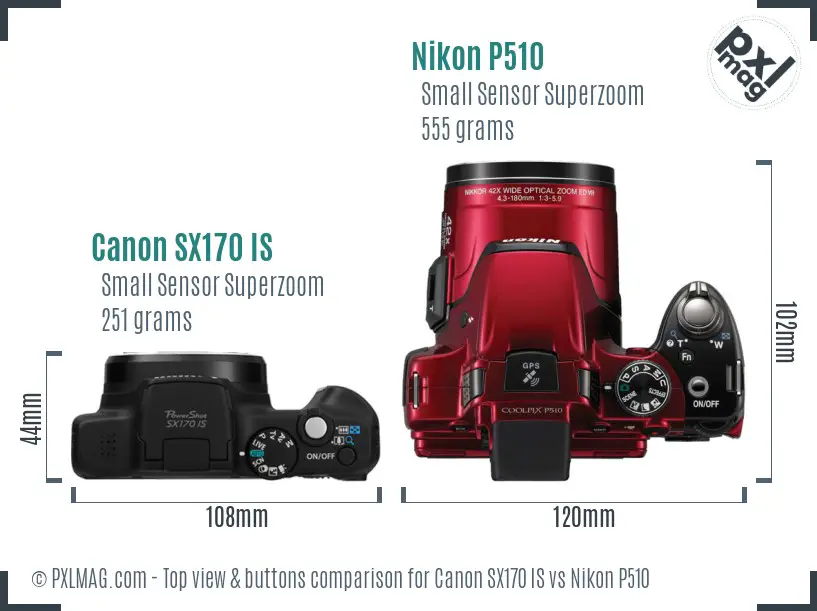 Canon SX170 IS vs Nikon P510 top view buttons comparison